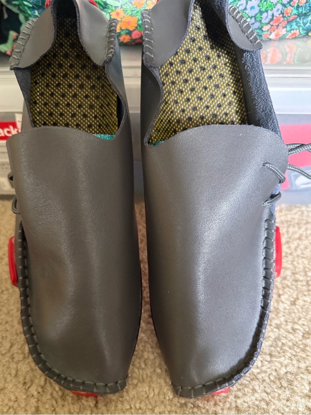 Grey Slip-On Leather Mocs with Red Accents